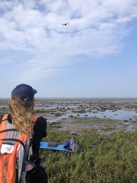 Alice looking out at the seagrass bed and carefully watching the drone as it hovers above a landing pad.